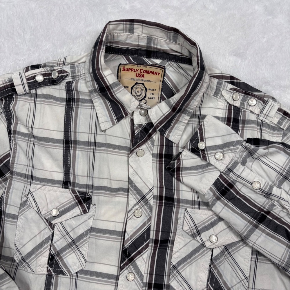 Western Button Shirt Men S White Black Plaid Pearl Snap Rodeo Cowboy Military - Picture 1 of 14